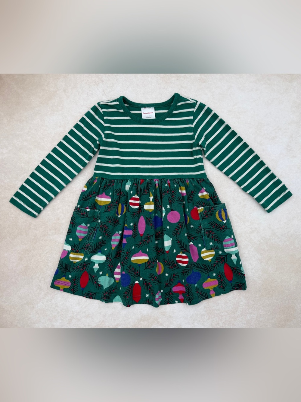 Hanna Andersson Green Striped Bodice Dress with Ornament Print 85